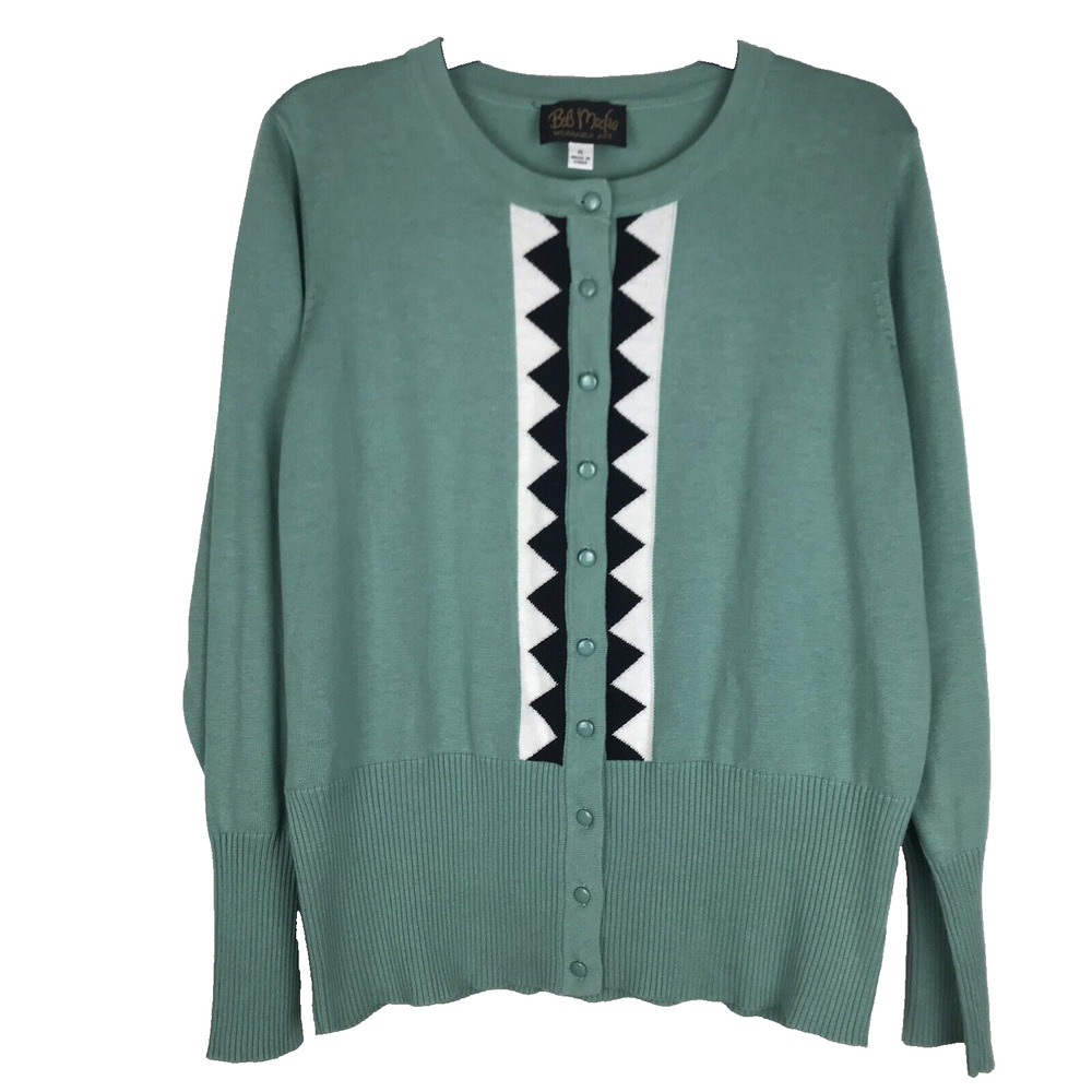 Bob Mackie Wearable Art Cardigan Cotton Blend Knit Teal Black Triangles Size XL